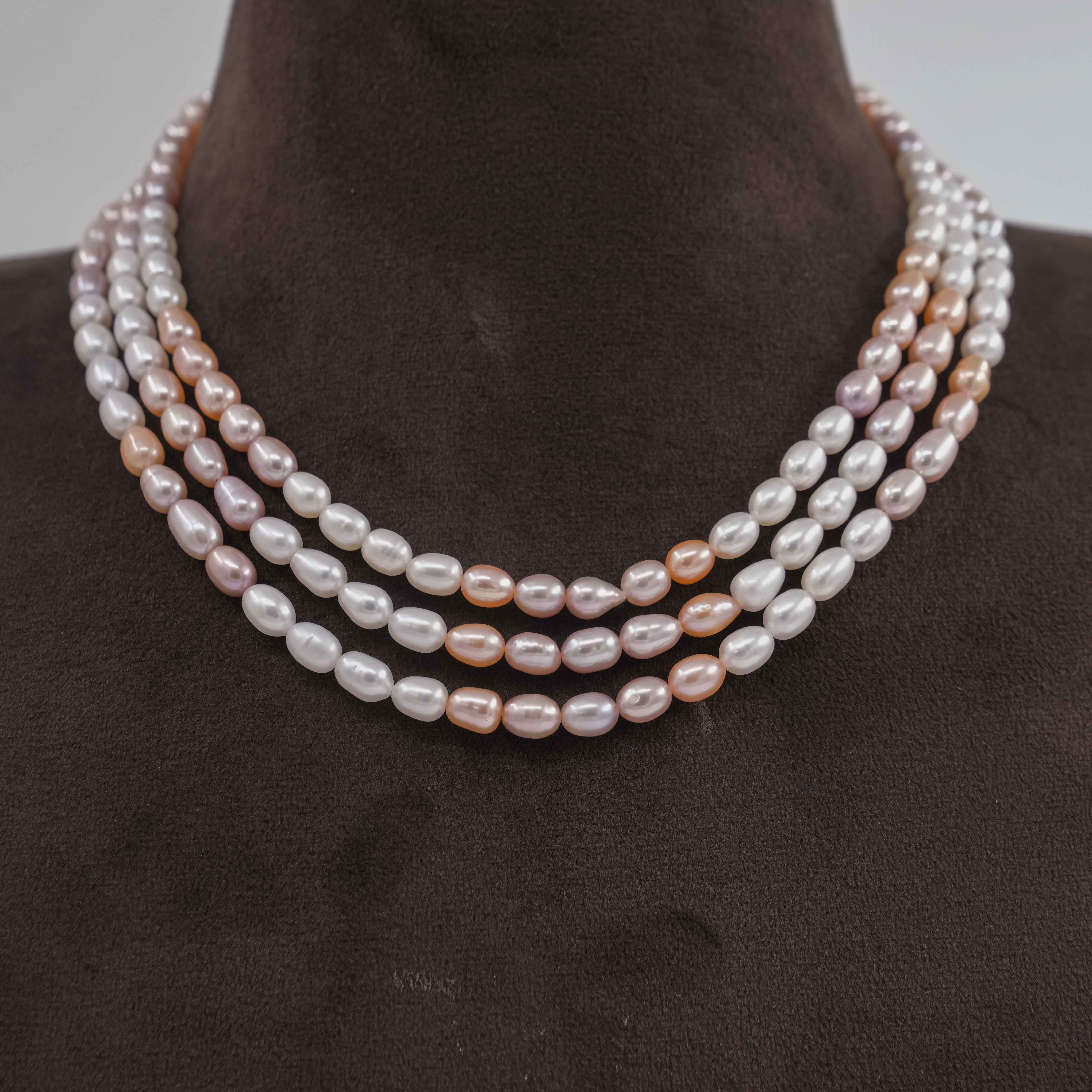 The Pearl Atelier by Kabra Pearls - Shaded Rice Triple Layered Necklace